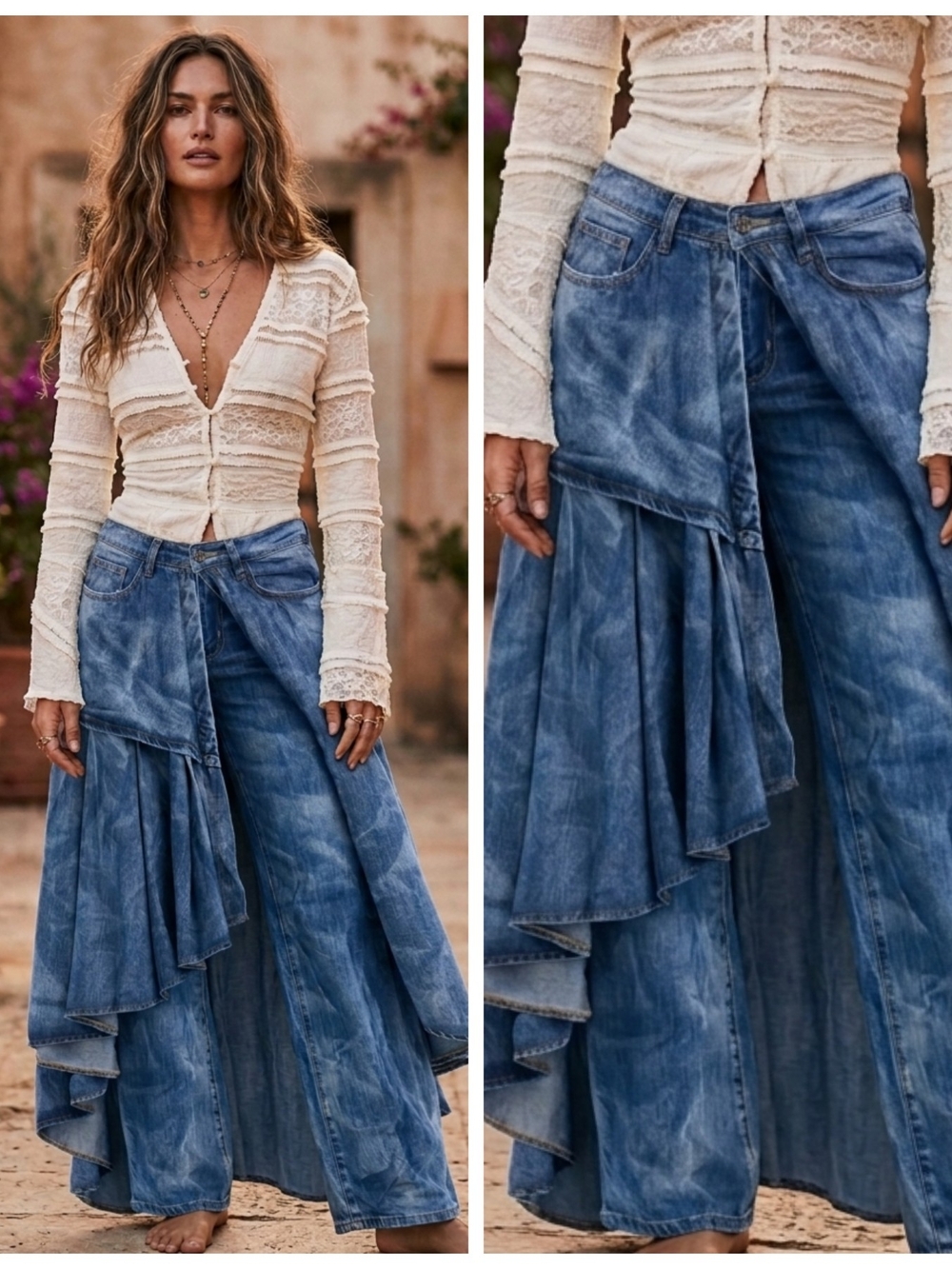 Boho Wide-Leg Ruffle Denim Jeans - Blue